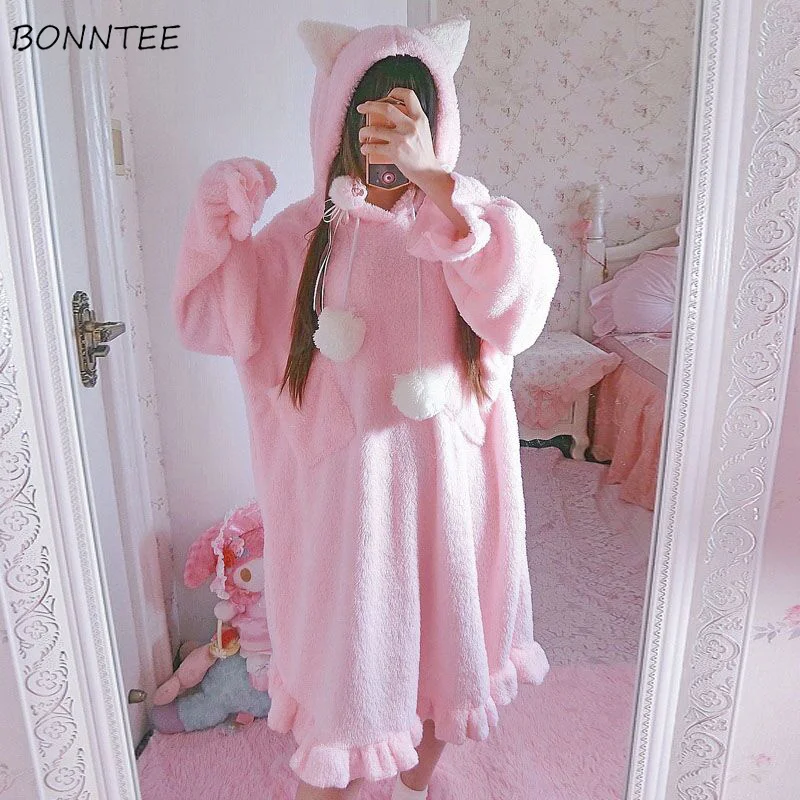 

Nightgowns Women Trendy Winter Thicker Flannel Comfortable Leisure Womens Hooded Ruffles Pockets Students Sweet Simple Sleepwear