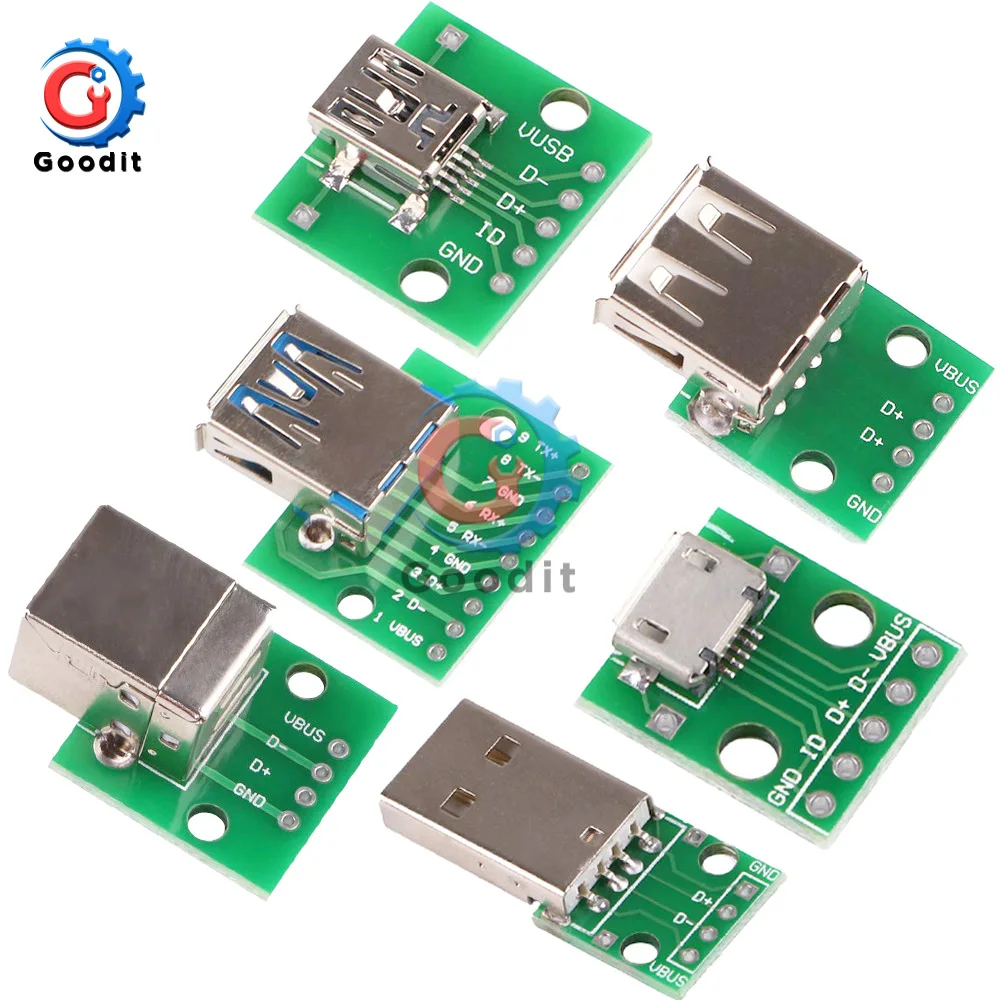 Micro Mini USB A Male USB 2,0 3,0 A Female USB B разъем интерфейс для 2,54 мм DIP PCB конвертер адаптер Breakout Board