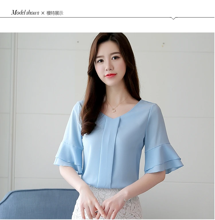 2018 Womens Blouses Summer Flare Sleeve Chiffon Blouse Shirt Women Tops Ladies Work Wear Office Blusa Feminina Shirts NS3929 ladies shirts