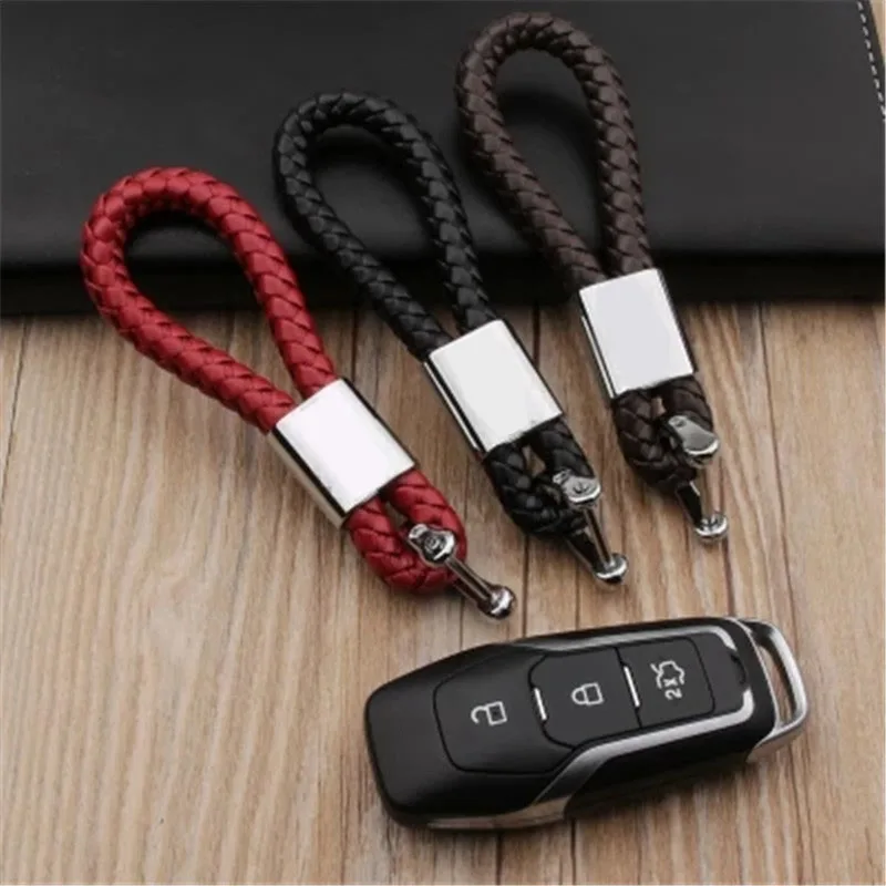 

For Ford Mustang Business Keychain Braided Genuine Leather Zinc Alloy Car Key Ring Auto Accessories