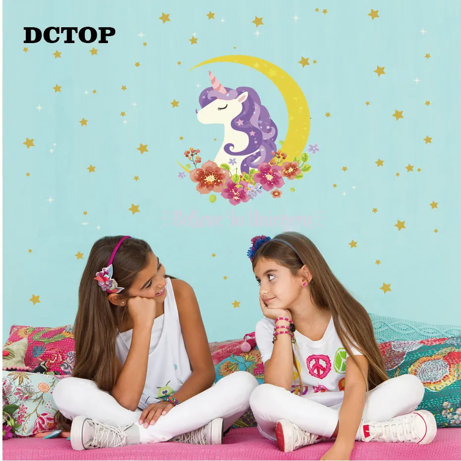 Believe in Unicorn with Moon & stars Myth Wall Decal Kids Children's Girls Art Vinyls Stickers Bedroom Home Decorative Wallpaper