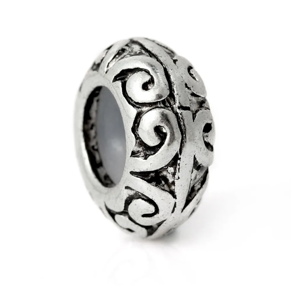 

DoreenBeads antique silver Pattern Stoppers W/Rubber Beads Fit European Charm 11x5mm,10PCs, New