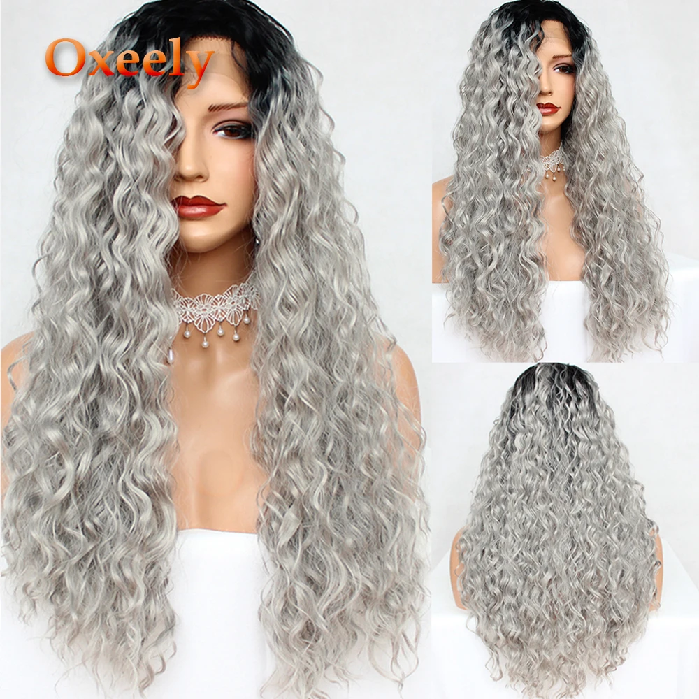 

Oxeely Long Curly Lace Front Wigs Ombre Gray Wig Glueless Synthetic Wigs for Black Women Heat Resistant Natural Loose Curls Wig