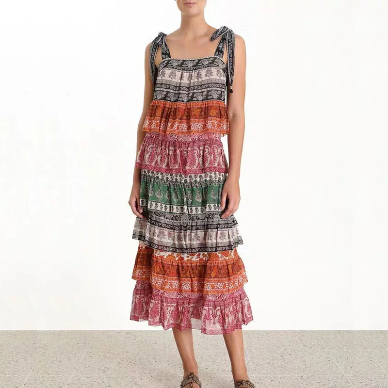 

2019 New Arrival Holiday Vacation Woman Maxi Dress Sleeveless Print Cascading Ruffles Bow Tie Spaghetti Strip Elegant Dresses