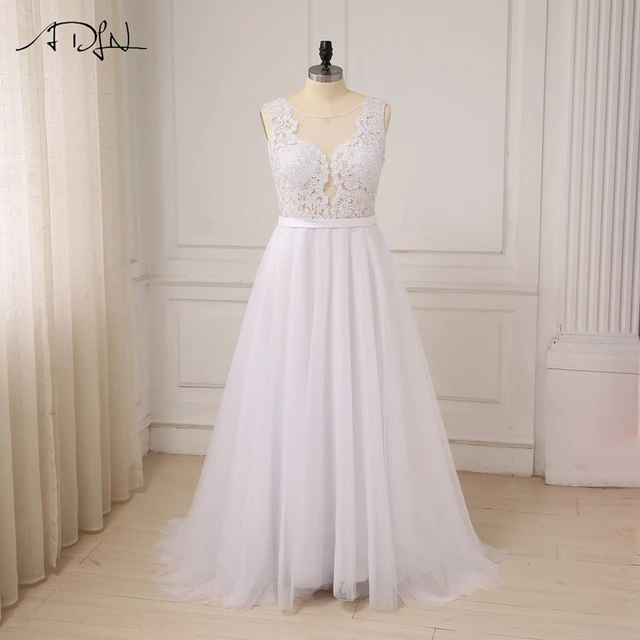 ADLN Plus Size White Wedding Dresses New Sexy Scoop Tulle Appliques