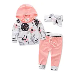 3 шт./компл. новорожденных Одежда для маленьких девочек цветочный с капюшоном с длинным рукавом Толстовки топ + длинные штаны + Головные