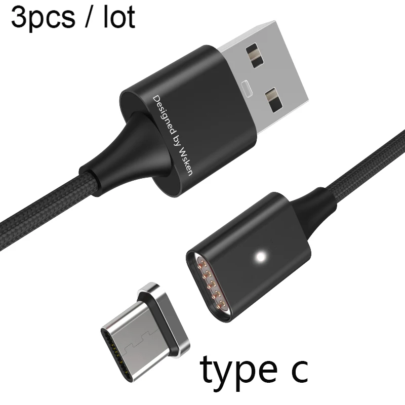 Магнитный кабель WSKEN Lite1, 3 шт./лот, быстрая Магнитная Зарядка, Micro USB кабель, Магнитный зарядный кабель для iPhone, USB кабель, 1 м - Цвет: type c cable black