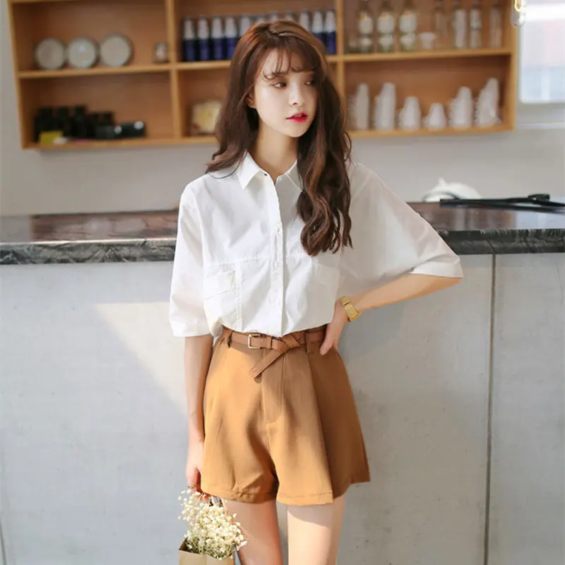 2017 Summer Korean style small fresh girl clothes fasion elegant turn-down neck puff sleeve single button two pieces pantsuits Women's Sets