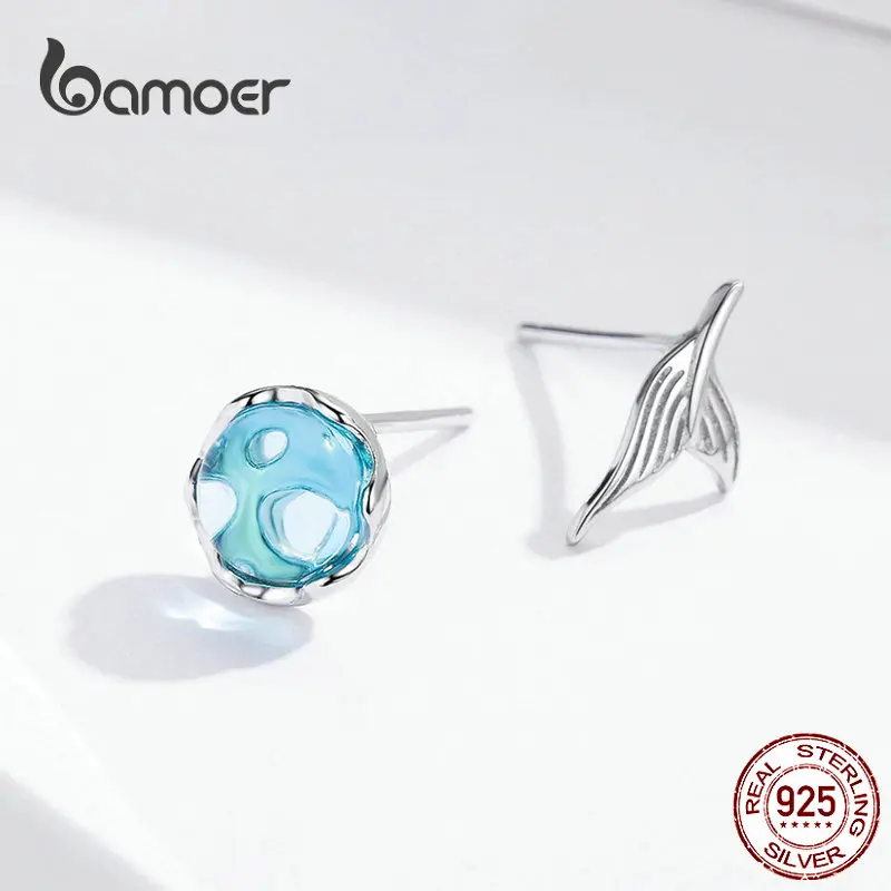 BAMOER, серьги-гвоздики в виде русалки для женщин, 925 пробы, серебряные, морские, синие, рыбий хвост, серьги с кристаллами,, подарки для девочек, Brincos SCE630