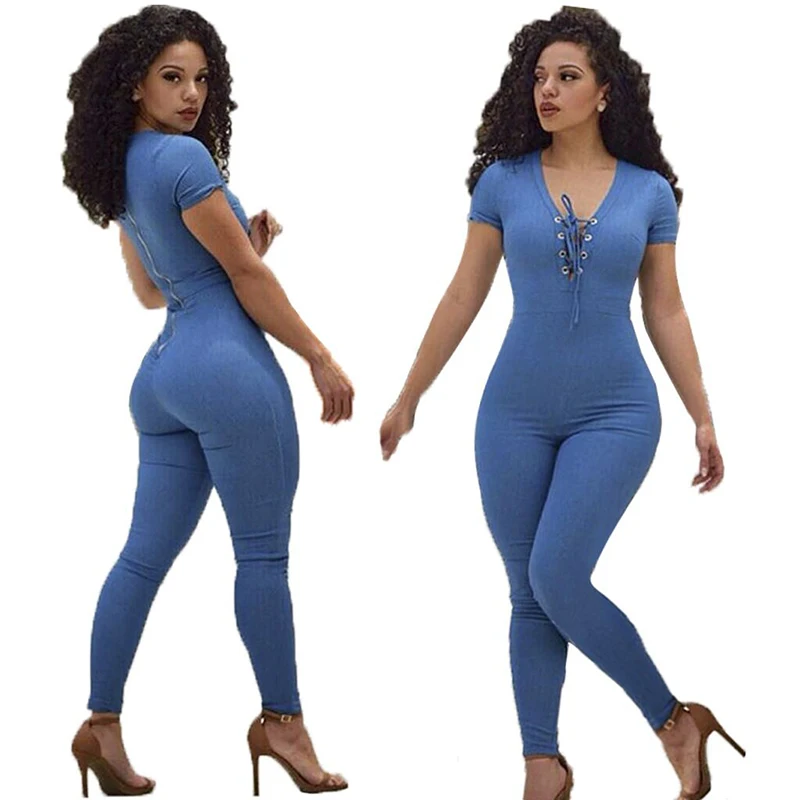 Skinny Women Jumpsuit Blue Casual Plus Size Sexy V Neck Bandage Full Length Jumpsuits For Women