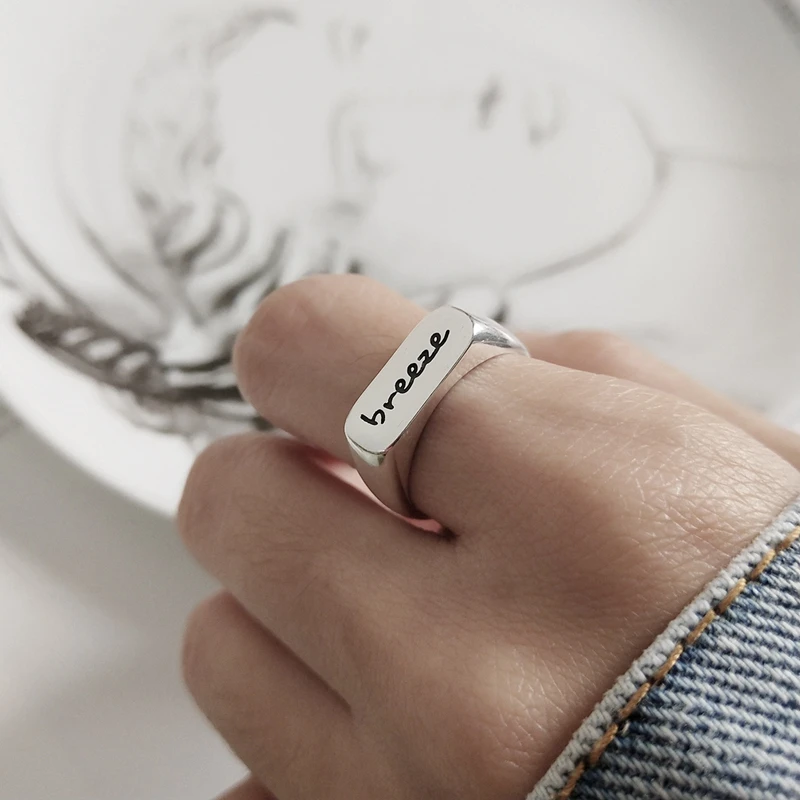 

Korean Lettering Breeze Rectangle Face Ring Adjustable 925 Sterling Silver Vintage Silver Ring Fashion Personality Women Jewelry
