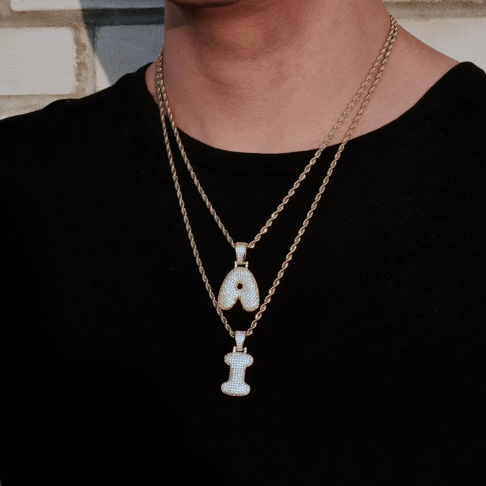 Bubble Letter A-Z Single Necklaces & Pendant Chain For Men Women Gold Color Cubic Zircon Hip Hop Jewelry Gifts