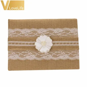 

Vintage Burlap Wedding Guest Book With Flowers Pearl for Party Reception Wedding Decor 25x16cm Wedding Favors Gifts