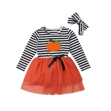 Детское платье для маленьких девочек на Хэллоуин; праздничное платье-пачка принцессы в полоску с длинными рукавами и аппликацией тыквы; повязка на голову; Одежда для девочек из 2 предметов