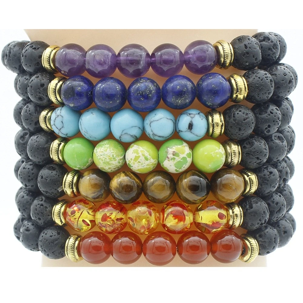 

Chakra Bracelet Men Black Lava Healing Balance Beads Reiki Buddha Prayer Natural Stone Yoga Cuff Bracelets For Women