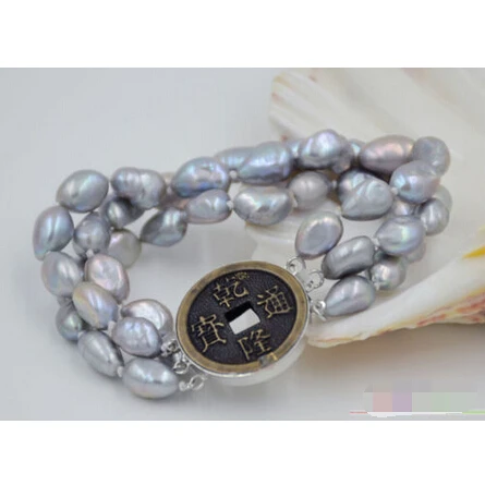 

P4782 3row 8" 10mm gray baroque freshwater cultured pearl bracelet@^Noble style Natural Fine jewe SHIPPING new >>free shipping