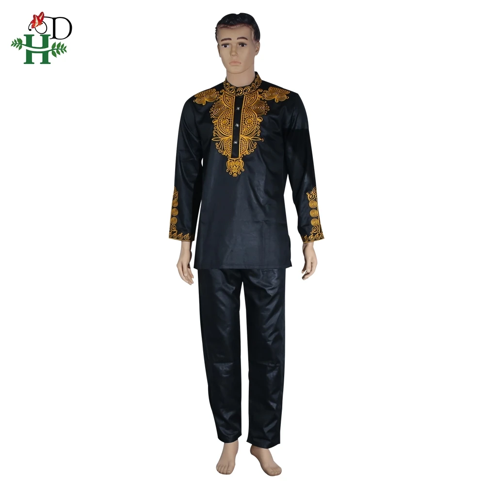 Африканская мужская одежда традиционная Дашики африканская мужская одежда комплект из топа и штанов 2 шт - Цвет: Черный