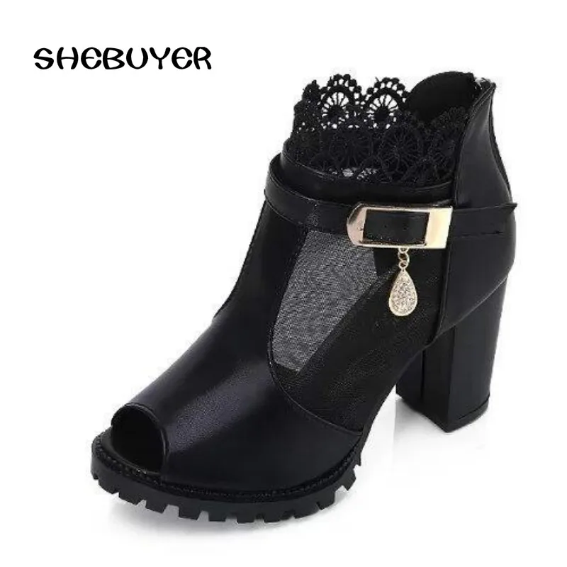 

2018 Spring Summer Sexy Women High Heels Sandals Boots Peep Toe Mesh Lace Chunky Heels Platform Pumps Ladies Buckle Party Shoes