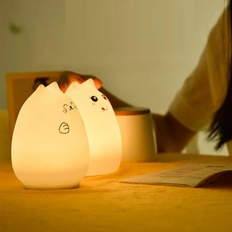 LED USB Children Animal Night Light Silicone Soft Cartoon Baby Nursery Light Lamp Breathing LED Night Light  7 Colors Cat  (1)