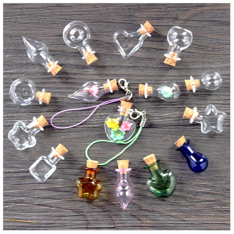 

Mixed 8 Shape Cute Mini Glass Bottles Pendant Clear Cork Stopper Drift Wishing Bottles DIY For Necklace/Mobile Chain Craft Jar