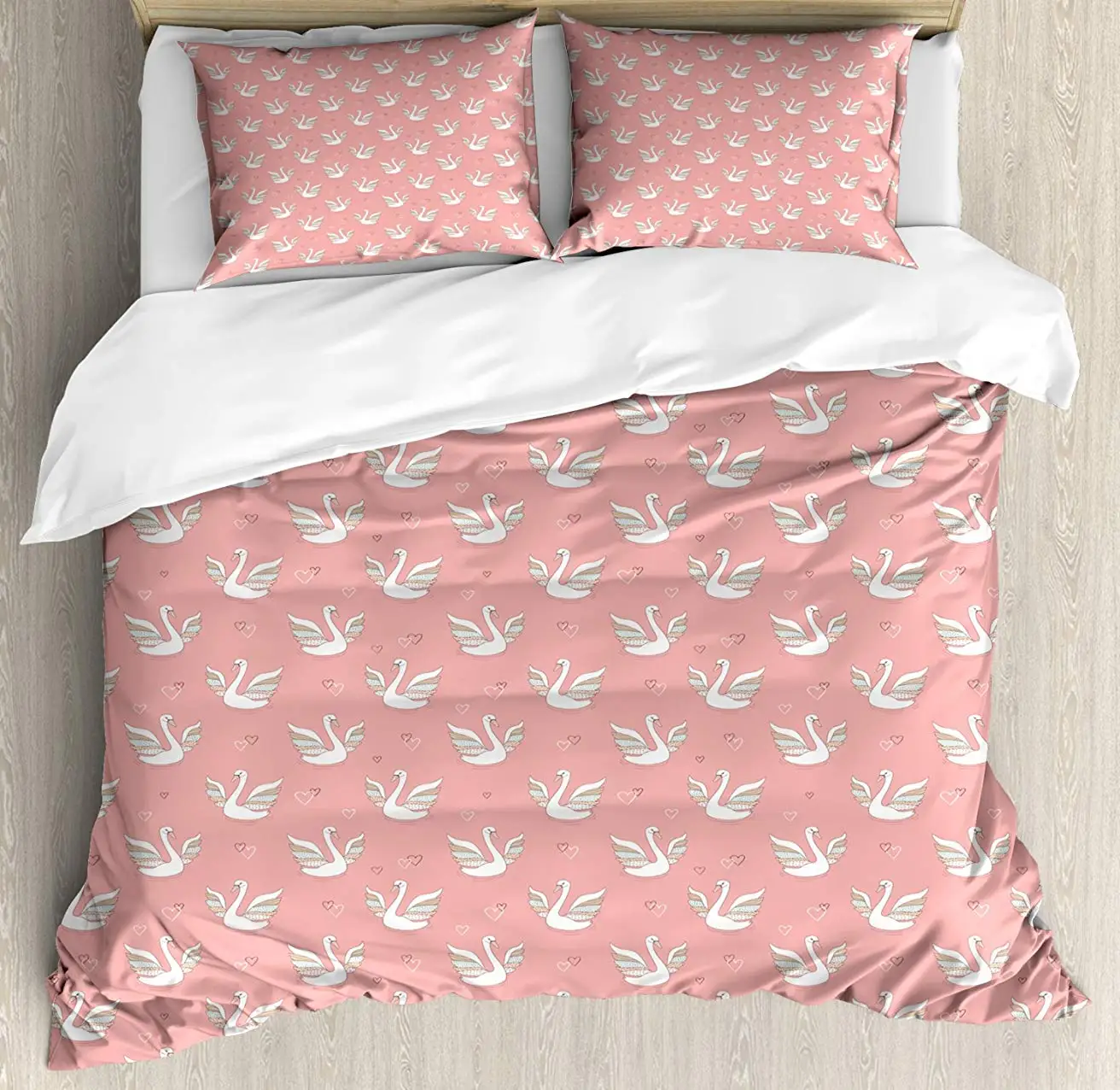 

Swan Duvet Cover Set Hand Drawn Style White Birds on Coral Backdrop with Patterned Wings and Little Hearts 3 Piece Bedding Set