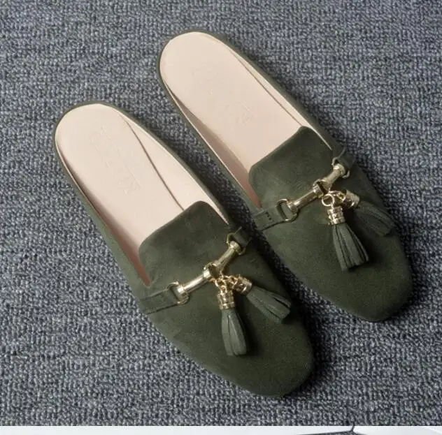 Размеры 34-44; обувь для беременных; женские туфли без задника с кисточками и цепочками; женские туфли без задника с бахромой в Корейском стиле; Летние уличные тапочки - Цвет: Армейский зеленый