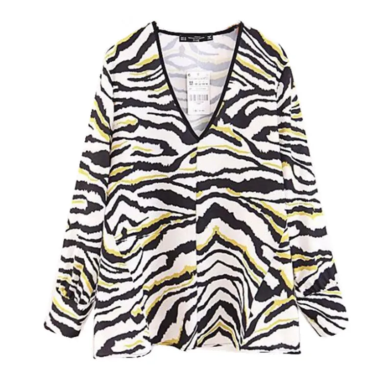 Retro Zebra Pattern Print Shirt Women V neck Long Sleeve Loose Pullover