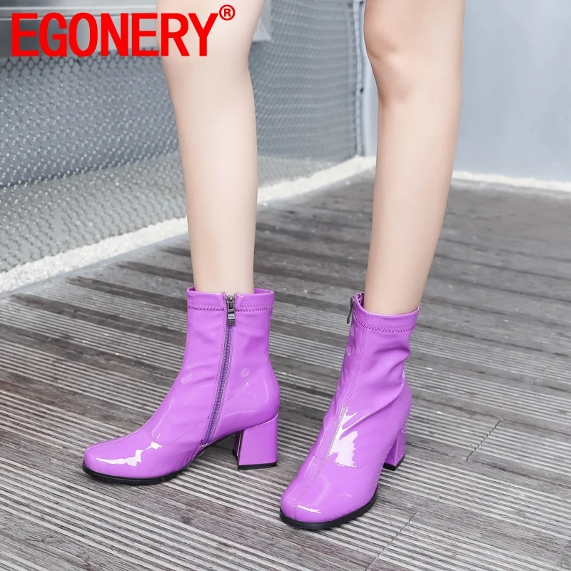 EGONERY/женские ботинки из лакированной кожи; теплая зимняя женская обувь на высоком каблуке 6 см; Цвет фиолетовый, синий, черный; коллекция года; брендовые Модные ботильоны на молнии