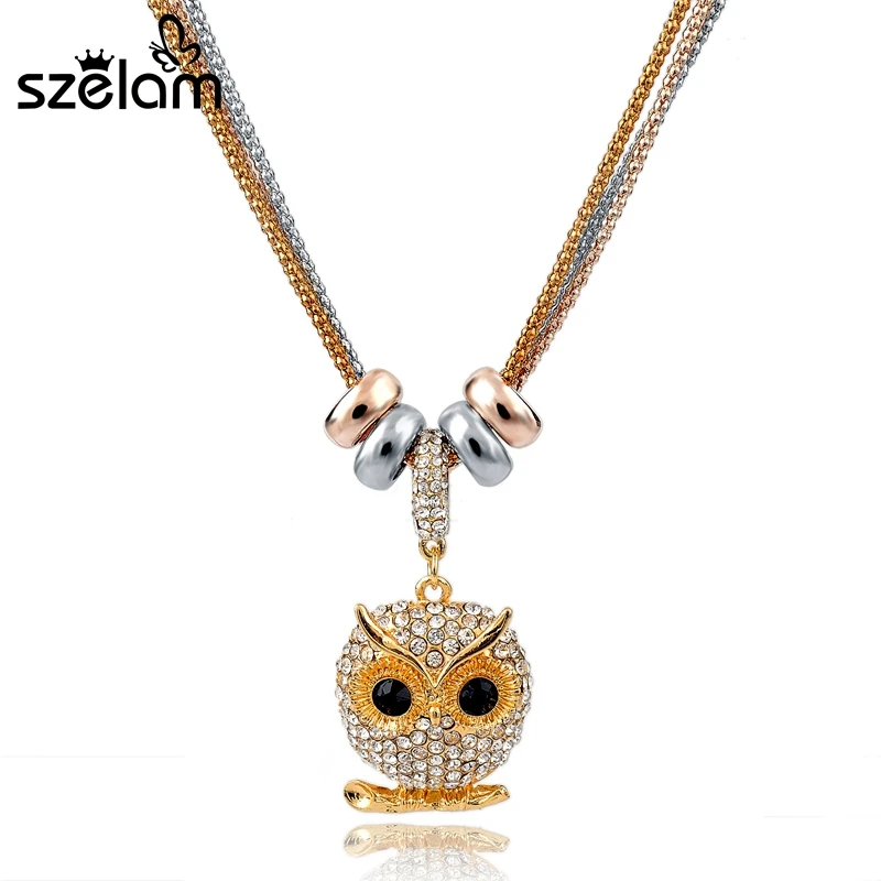 

2019 New Silver/Gold Color Crystal Owl Necklace For Women Long Chain Statement Necklaces Pendants Vintage Jewelry SNE150792