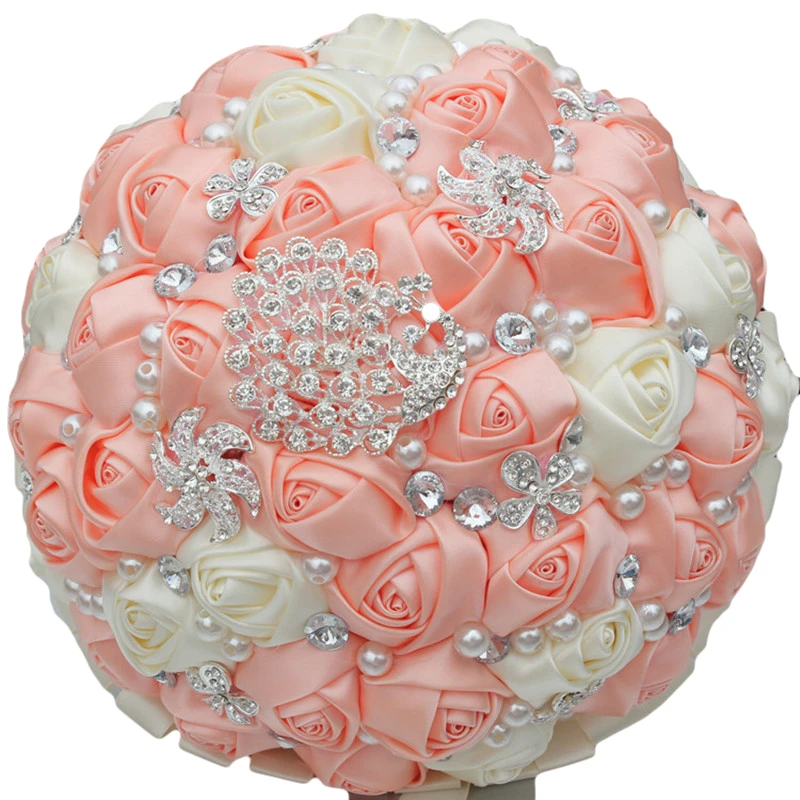 24CM Crystal Pearl Ivory&Pink Roses Wedding Bouquet Brooch HANDMADE Bride Flower 