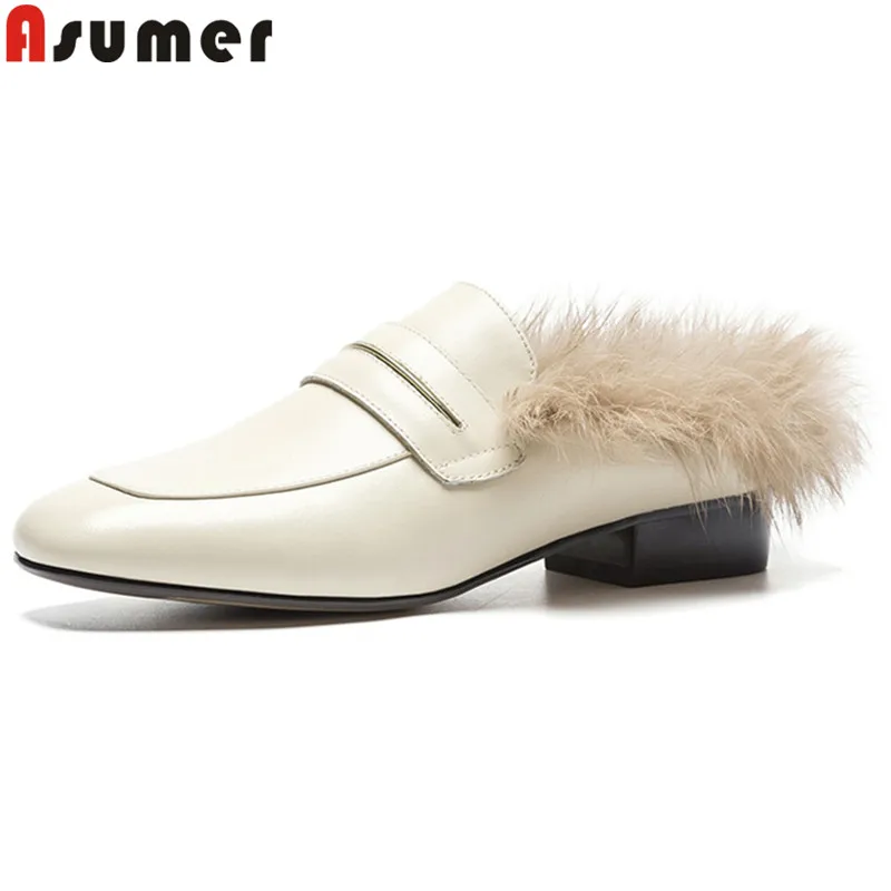 

ASUMER 2018 fashion autumn winter shoes woman square toe genuine leather shoes shallow casual mules low heels ladies shoes