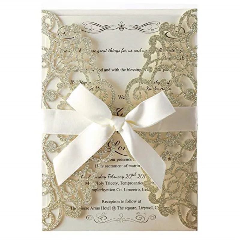  25PCS 5.12 x 7.1 '' Laser Cut Bling Wedding Invitations Cards with Ivory Ribbons - 4.00002E+12