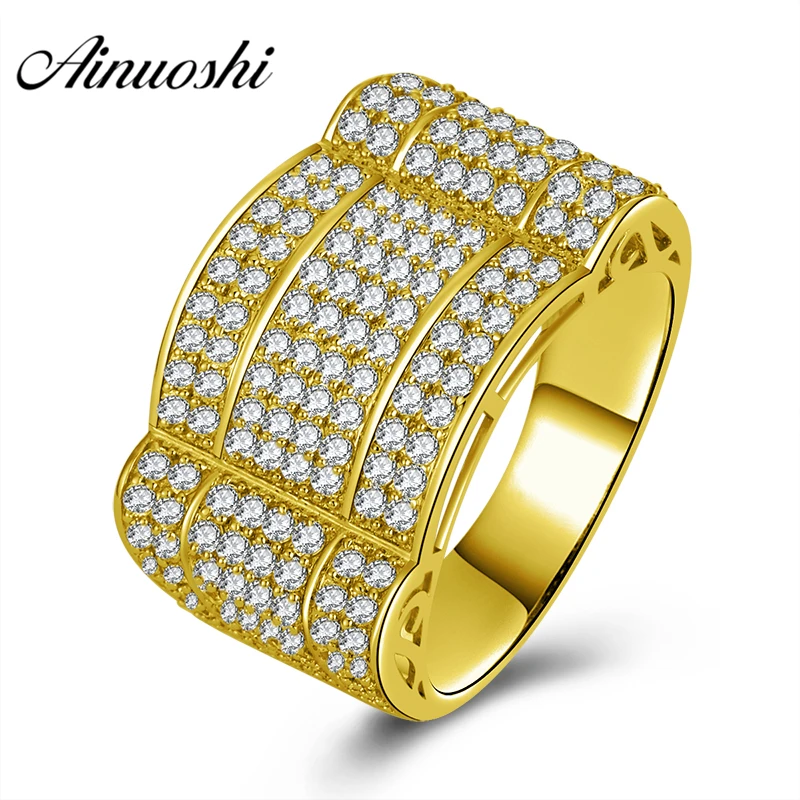 

AINUOSHI Luxurious Wedding Band 10K Solid Yellow Gold Ring Arc Design Cluster Ring Engagement Wedding Jewelry 7.9g Wide Men Ring