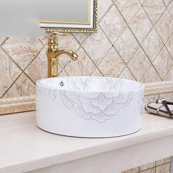 

Chinese Artistic Ceramic wash basin Oval art Coutertop Bathroom Sink Wash Basin round peony pattern