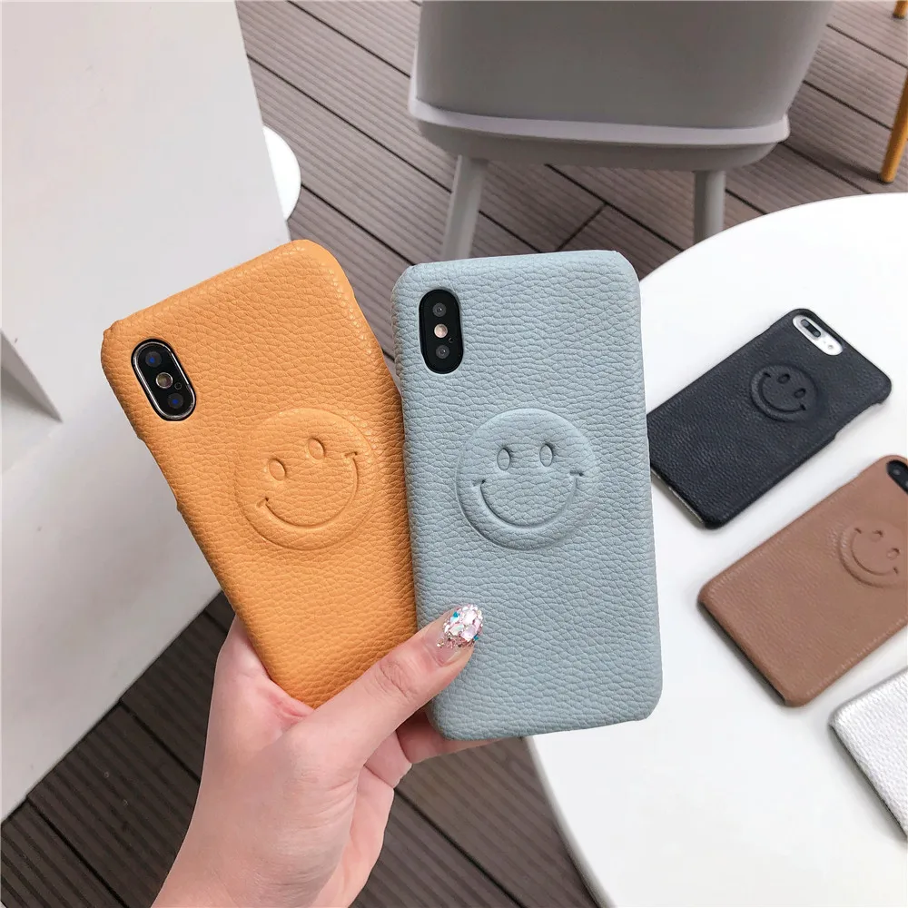 

For iPhone X 7 Phone Case PU Leather coque For iPhone XS Max XR 8 6 6s Plus Luxury cartoon 3D Smile Face Hard Pc Case Back cover