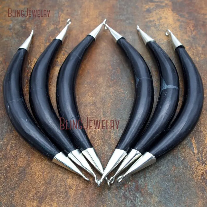 20171215-PM9086- Black Ox Bone Pendant Oxidized Silver Horn Tusk Pendant