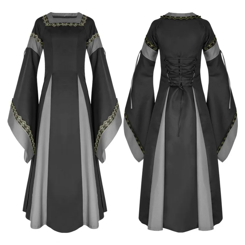 Платье в викторианском стиле для женщин среднего возраста с квадратным вырезом и Расклешенным рукавом; костюмы для косплея на Хэллоуин; длинное платье; средневековое платье - Цвет: Черный