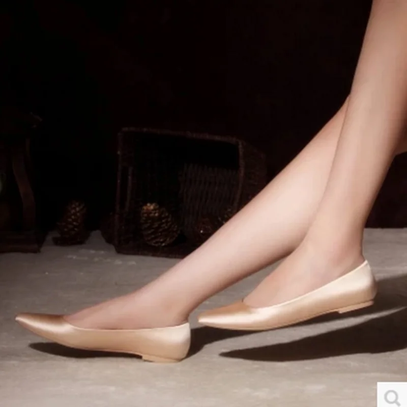 

Women dress shoes 2018 pointy toe flat slip on beige red silk satin fabric ladies loafers plus size 43 42 41 american style