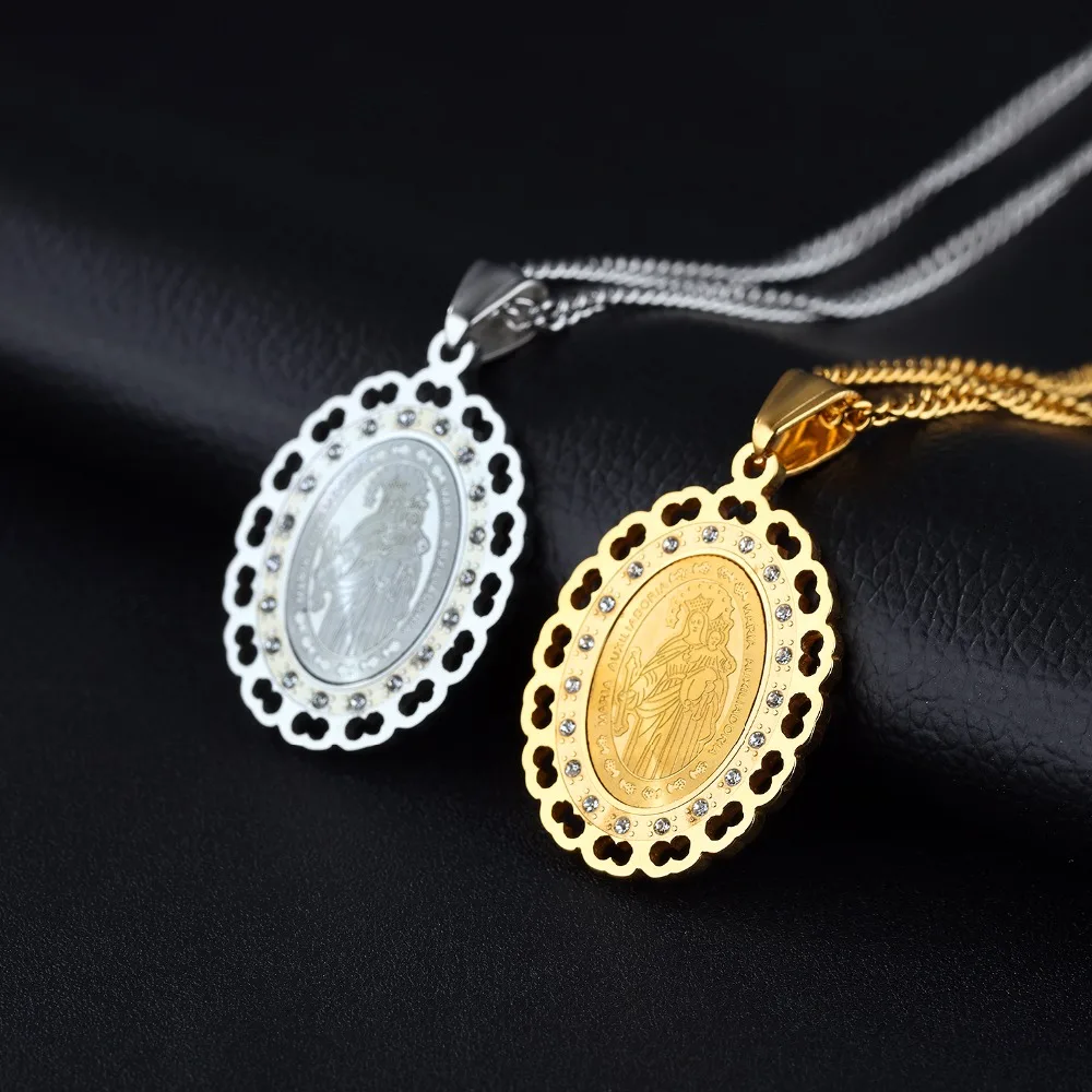 

Crystal Virgin Mary Mother and Child Medal Pendants Necklace in Stainless Steel - Silver, Gold