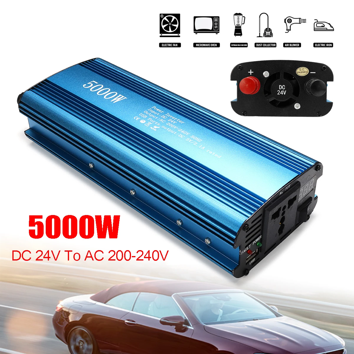 

Voltage Transformer USB Converter Solar Power Inverter PEAK 5000W DC 12/24V to AC 220V LED Display Sine Wave 90 Efficiency