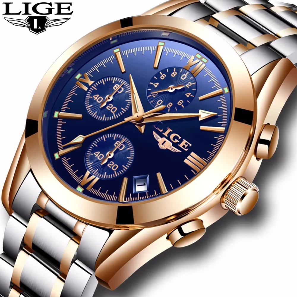 

LIGE Mens Watches Men's Stainless Steel Waterproof Watch Men's Military Sports Watch Multi-function Quartz Clock Reloj Hmbre+Box