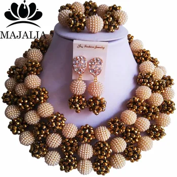 

Majalia Fashion Nigeria Wedding african beads jewelry set Golden Brown necklace bracelet Bridal Jewelry set CX-073