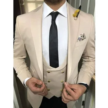 

double breasted men suits latest coat pant designs Skinny Wedding Groom Blazer beige 3 piece costume homme mens suit with pants