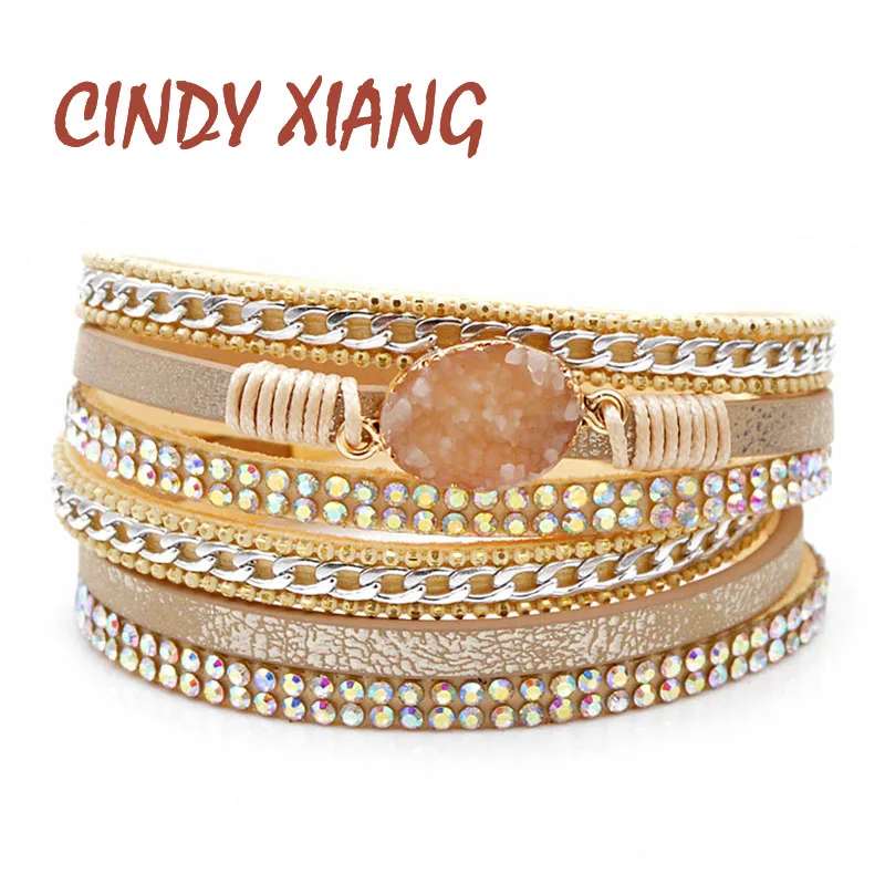 

CINDY XIANG 3 Colors Available Natural Stone Leater Bracelets For Women And Men Unisex Cuff Bangles Fashion Twisted Bangle Gift