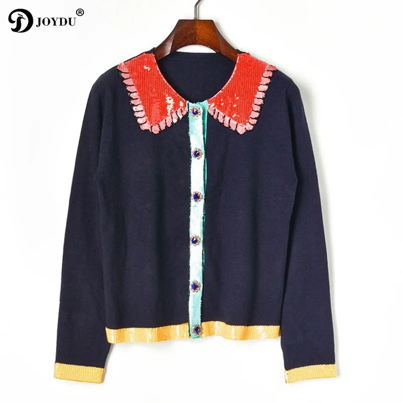 

JOYDU 2019 New Autumn Sweater Women Peter Pan Collar Sequins Diamonds Button Knitted Cardigan Coat Runway Brand Tops pull femme