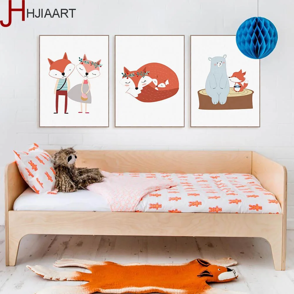 Lucu Kartun Hewan Rubah Beruang A4 Poster Nordic Anak Anak Bayi