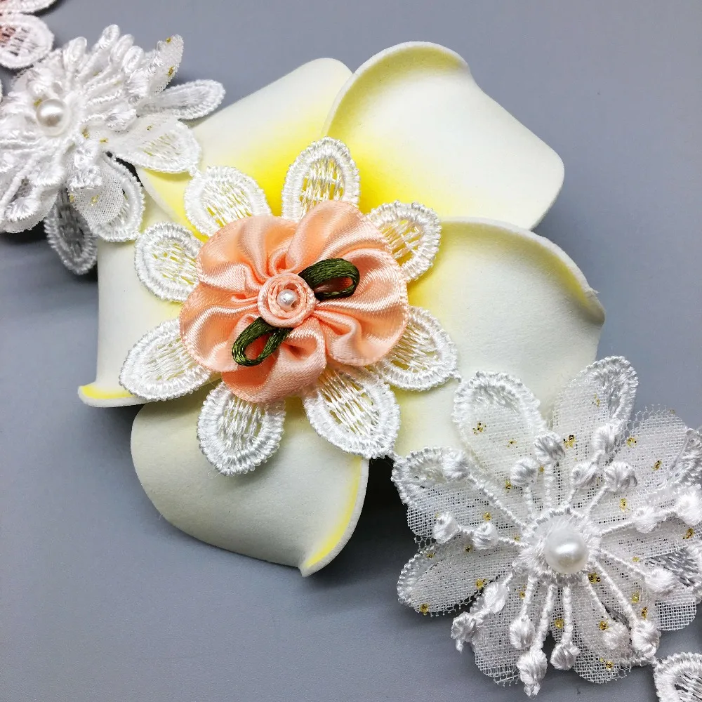 10 шт. винтажные атласные цветы кружевная отделка белый жемчуг шитье бисером свадебное платье Flower лента для одежды ткань вышитое ремесло