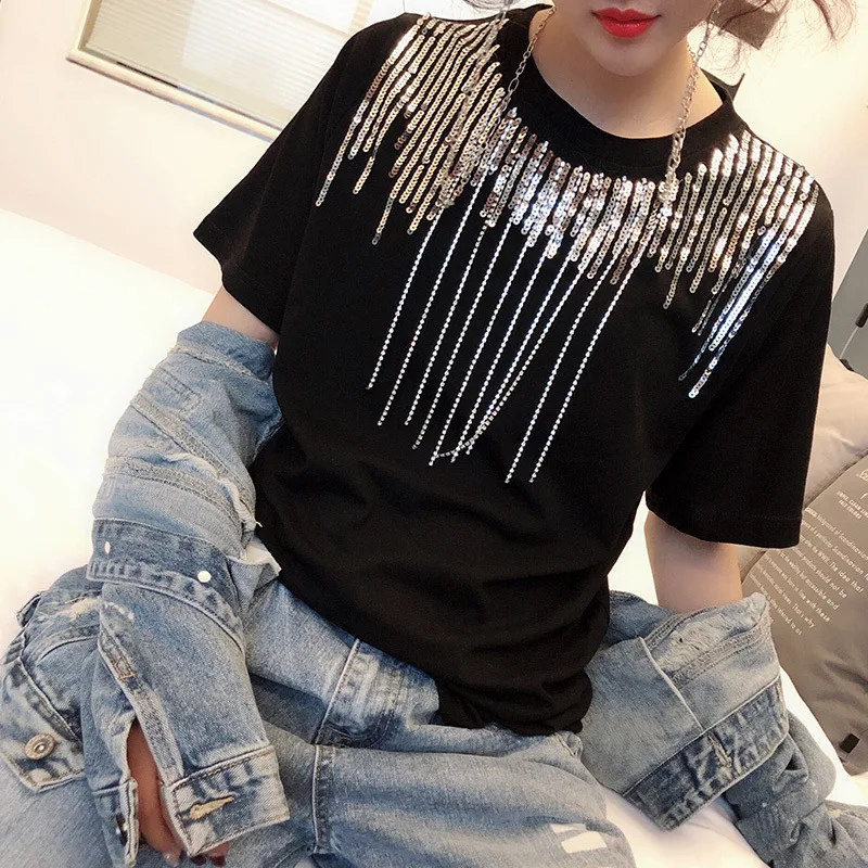 

Diamond 2018 New Cotton Hot Drilling Sequins Diamond T-Shirt Women Short Sleeve Summer T Shirts