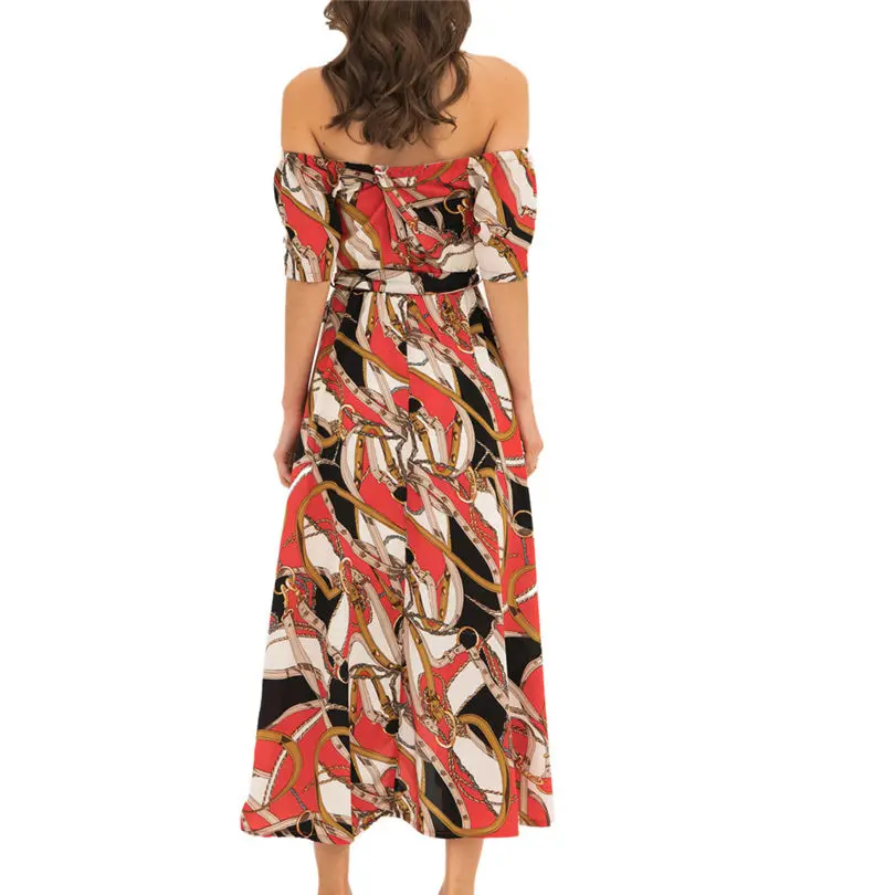  New Fashion Women Summer Lady Elegant Sexy Neck-Tied Bohemian Holiday Dress Chain Flower Casual Daily Beach Long Dress #4F09 (5)