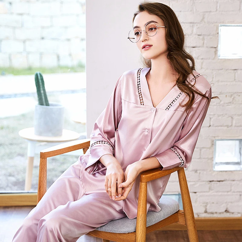 PS0176-Spring-New-Pajamas-2018-Brand-Women-Pyjamas-Home-Suits-Satin-Silk-V-Neck-Sleepwear-Sexy